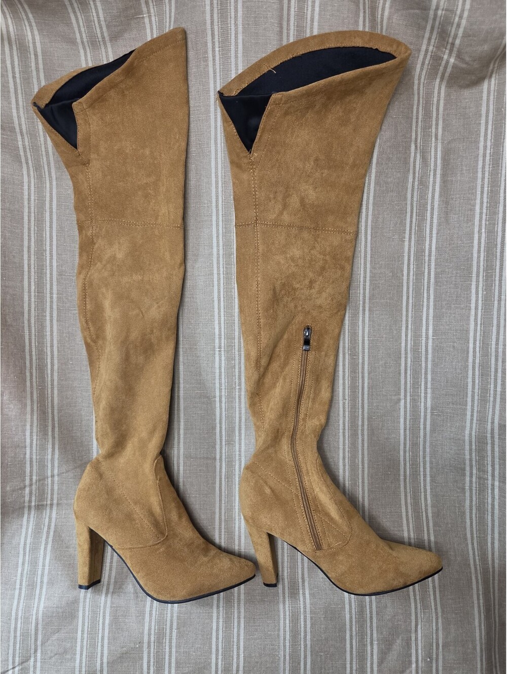 Shoe'N Tale Women's Stretch Suede Block Heel Thigh High Over The Knee Boots 8